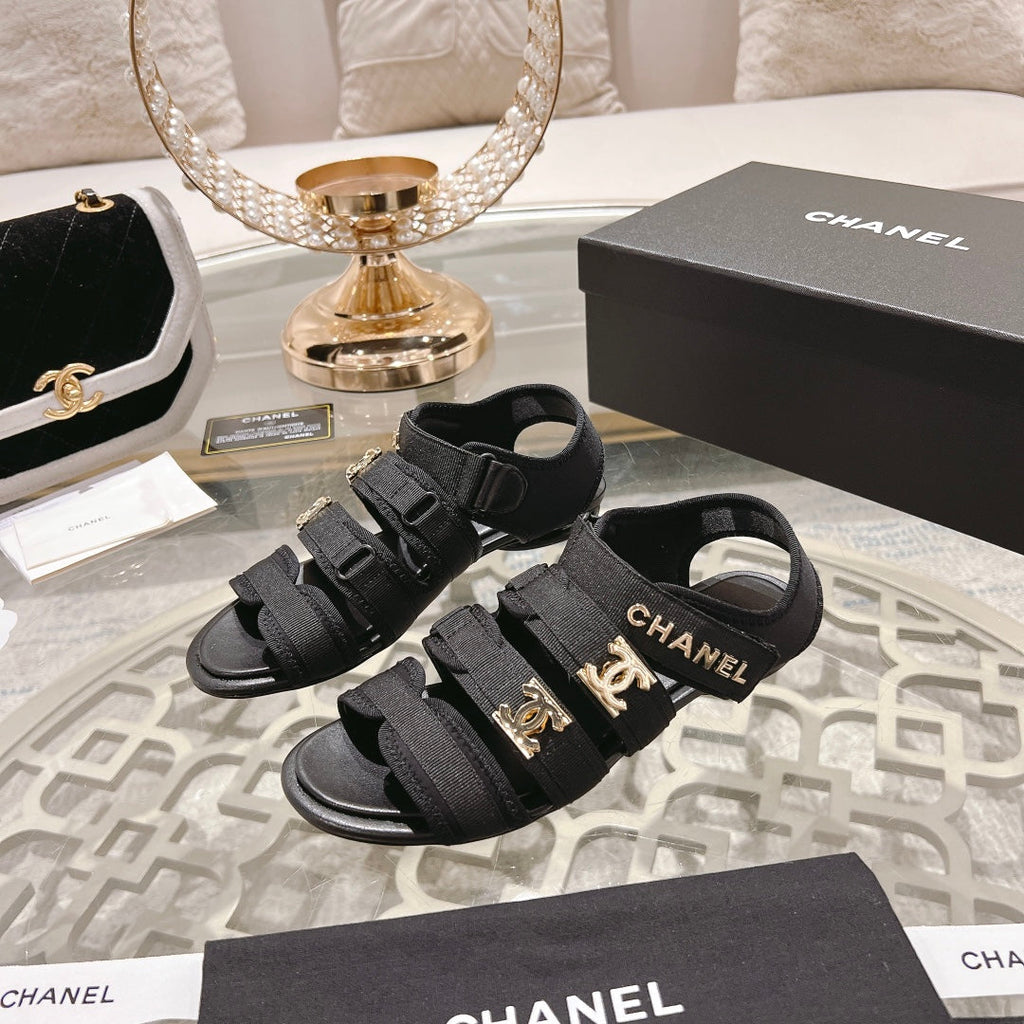 CHANEL Double C  Xiaoxiang Chain Fabric Head Chunky Sandal Black Lambskin