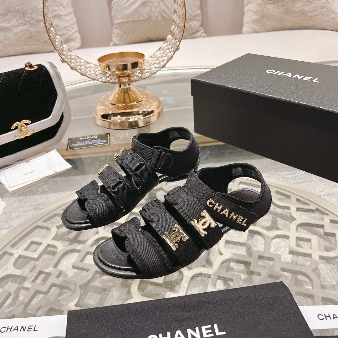 CHANEL Double C  Xiaoxiang Chain Fabric Head Chunky Sandal Black Lambskin