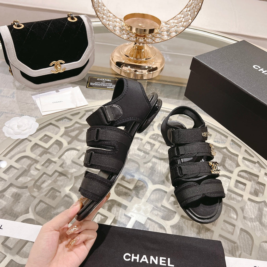 CHANEL Double C  Xiaoxiang Chain Fabric Head Chunky Sandal Black Lambskin