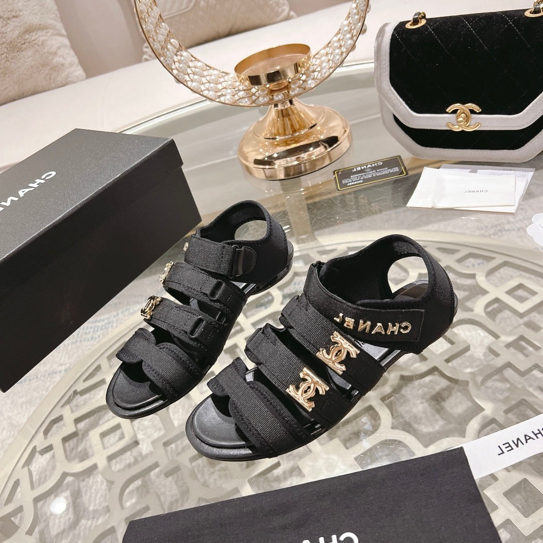 CHANEL Double C  Xiaoxiang Chain Fabric Head Chunky Sandal Black Lambskin
