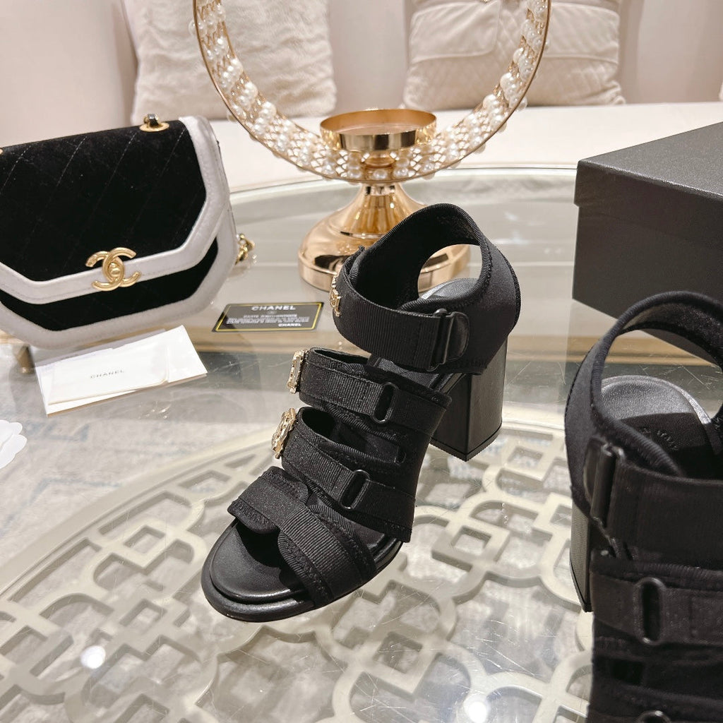 CHANEL Double C  Xiaoxiang Chain Fabric Head Chunky Heel Sandals Black Lambskin