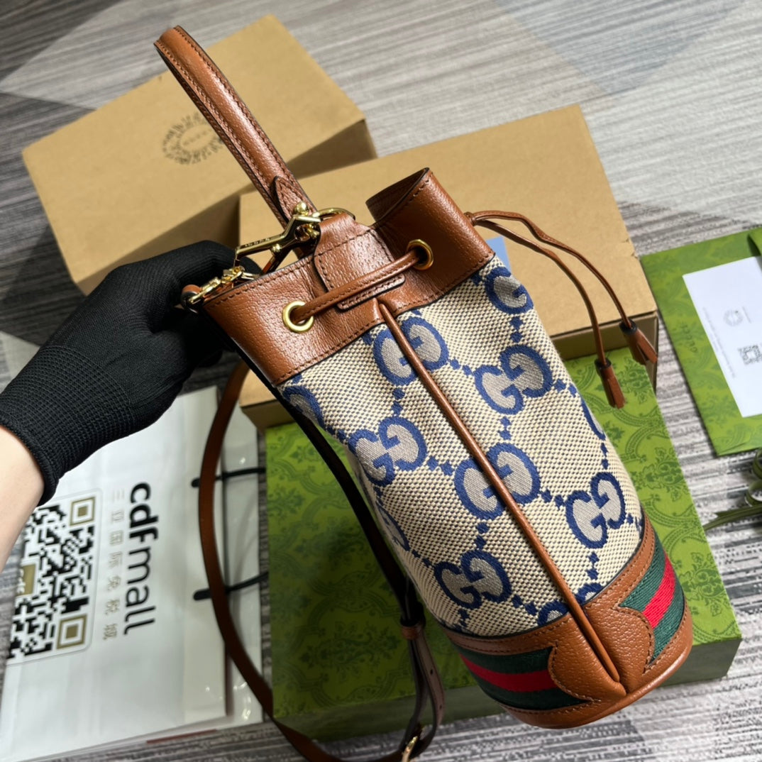 GUCCI OPHIDIA SMALL 26 BUCKET BAG IN BEIGE CANVAS AND BROWN CALFSKIN