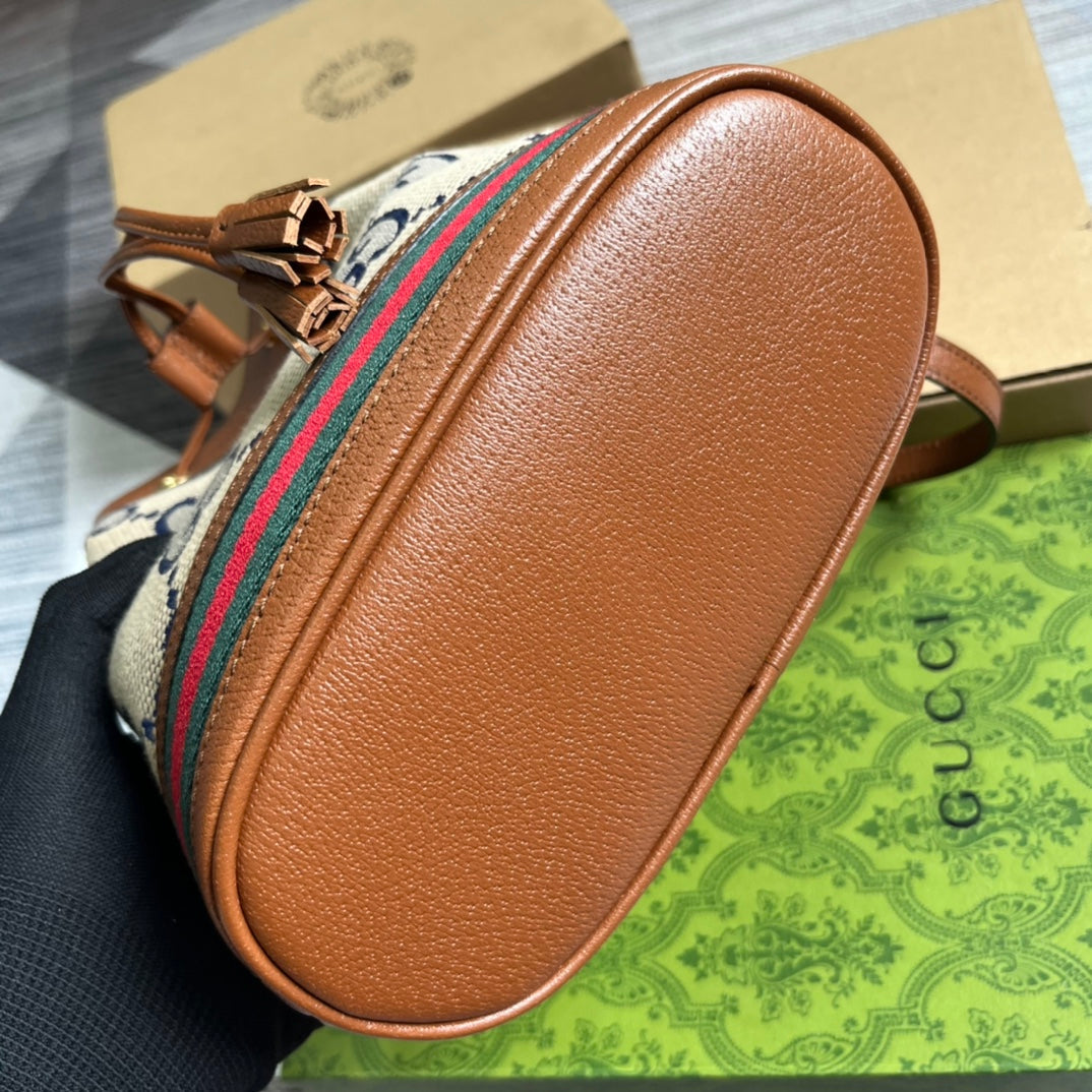 GUCCI OPHIDIA SMALL 26 BUCKET BAG IN BEIGE CANVAS AND BROWN CALFSKIN
