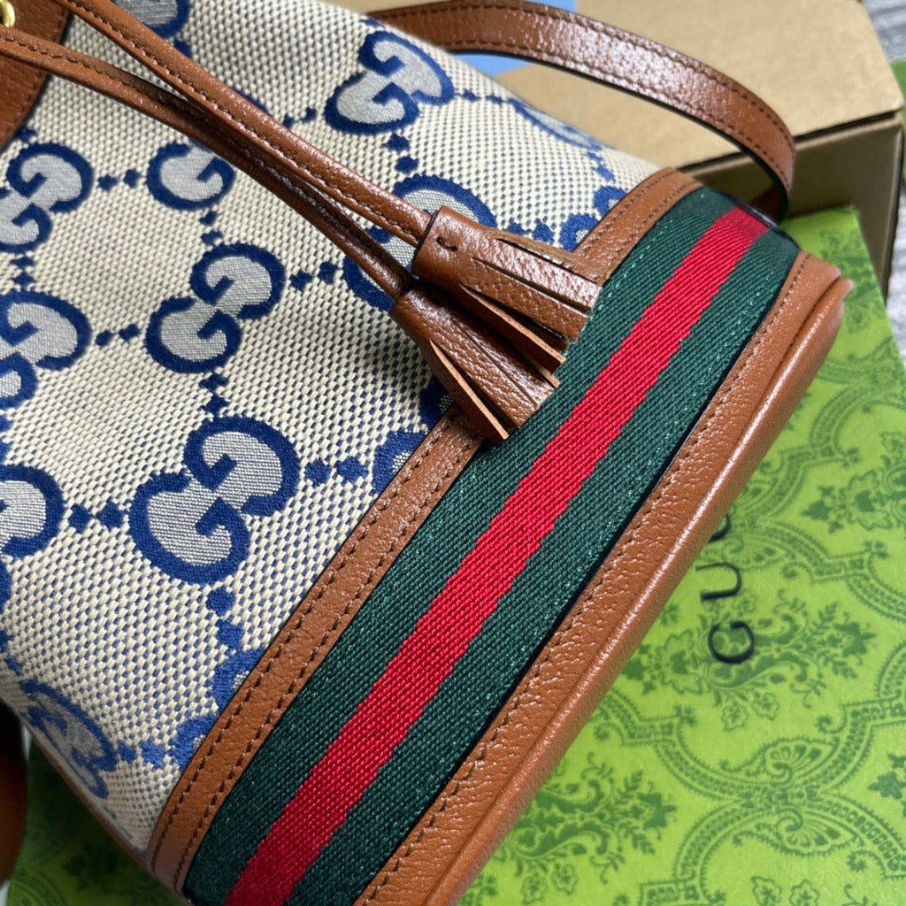 GUCCI OPHIDIA SMALL 26 BUCKET BAG IN BEIGE CANVAS AND BROWN CALFSKIN