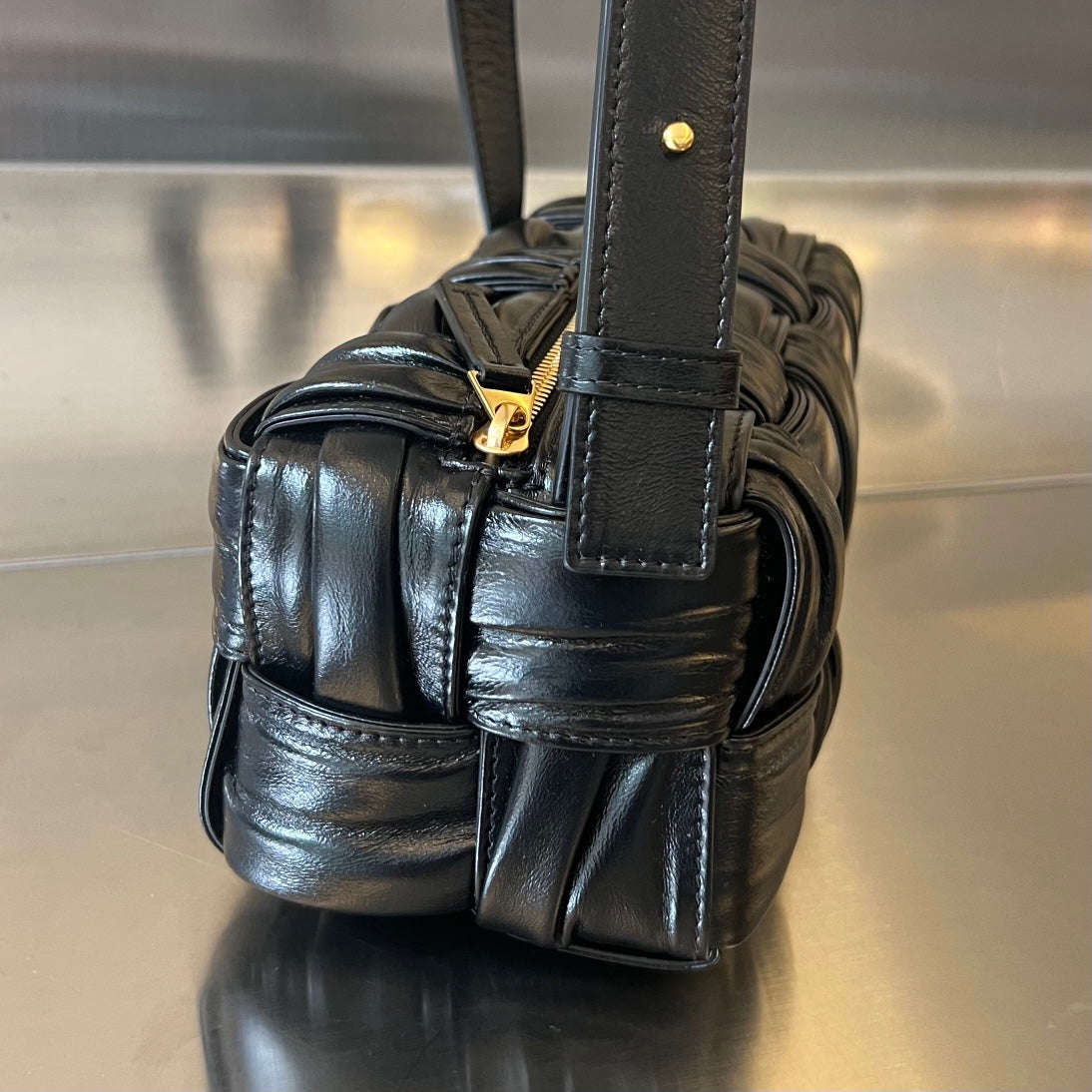 BOTTEGA VENETA SMALL BRICK CASSETTE 23 IN BLACK SOFT LAMBSKIN