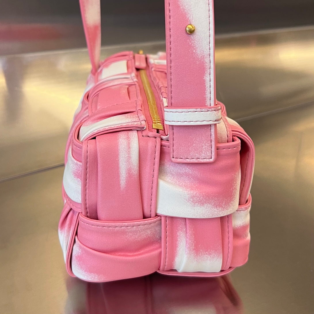 BOTTEGA VENETA SMALL BRICK CASSETTE 23 IN PINK MIX WHITE SOFT LAMBSKIN