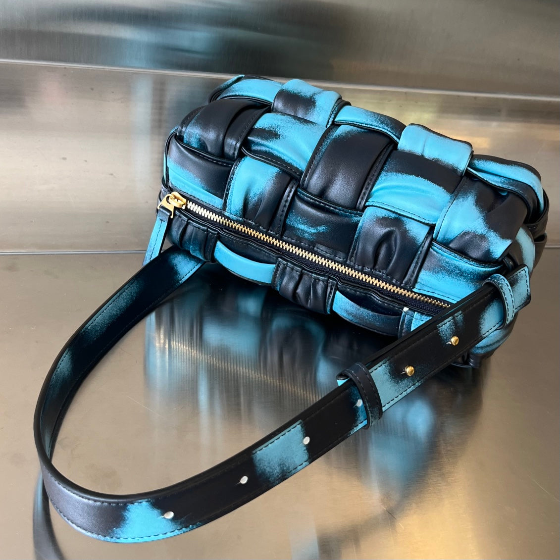 BOTTEGA VENETA SMALL BRICK CASSETTE 23 IN SKY BLUE MIX BLACK LAMBSKIN