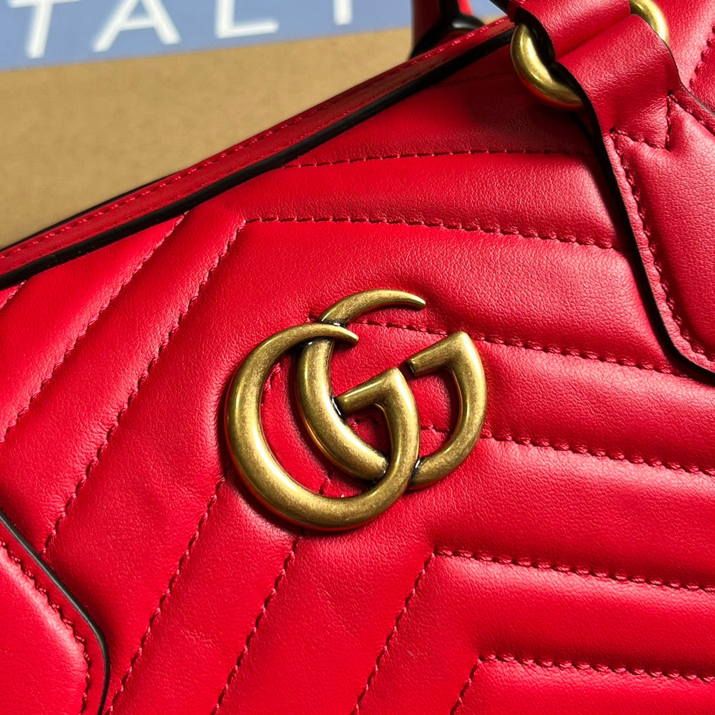 GUCCI MARMONT MATELASSE 27 HANDBAG CHERRY RED CALFSKIN