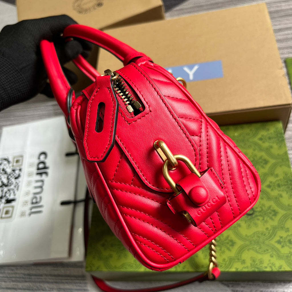 GUCCI MARMONT MATELASSE 27 HANDBAG CHERRY RED CALFSKIN