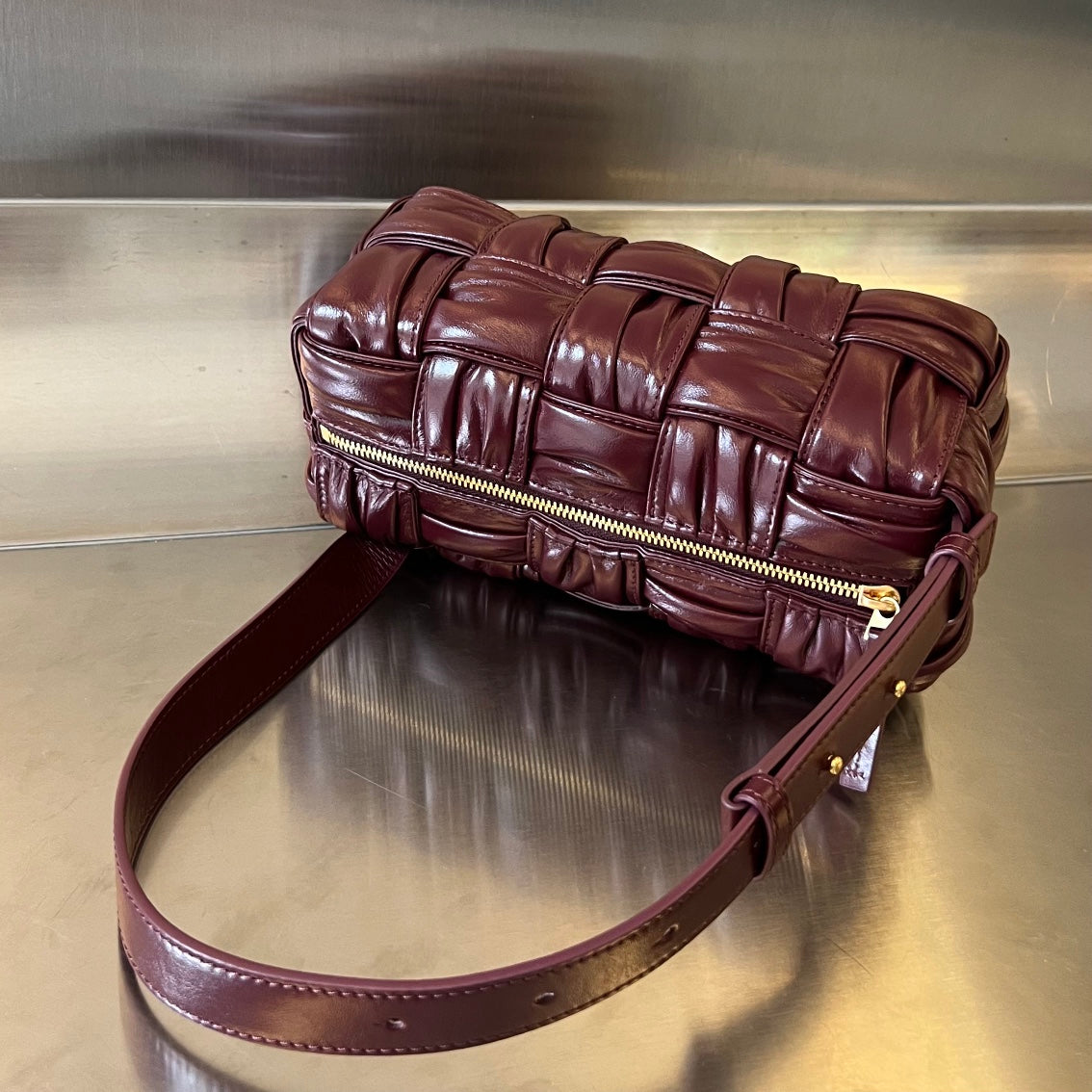 BOTTEGA VENETA SMALL BRICK CASSETTE 23 IN WINE RED SOFT LAMBSKIN