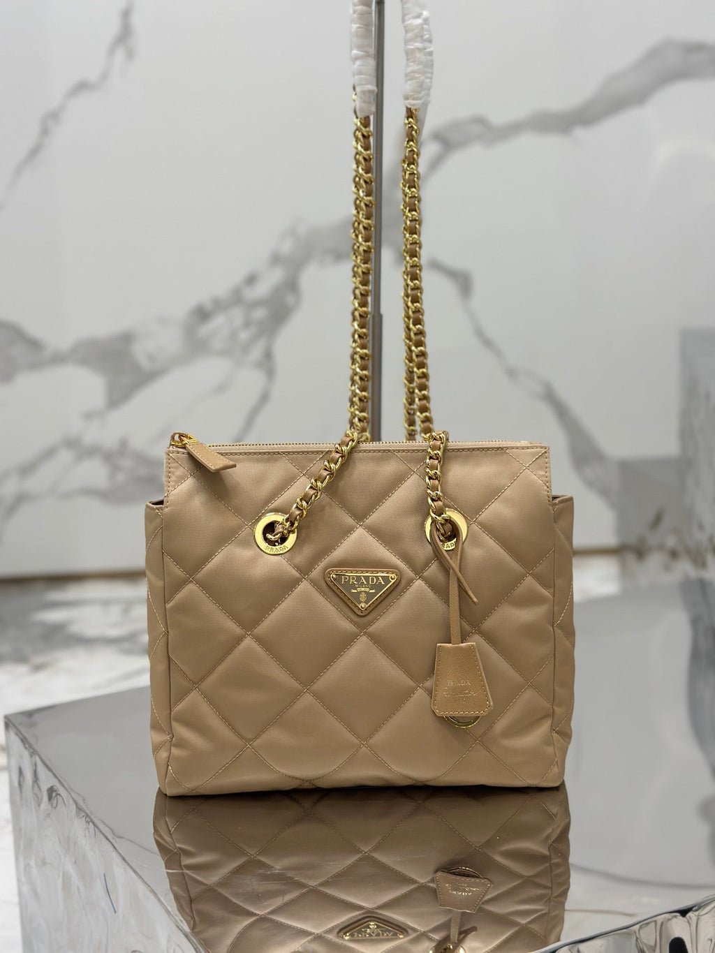 PRADA VINTAGE HOBO BAG 25 IN LIGHT FRENCH BEIGE QUILTED NYLON GOLD HARDWARE