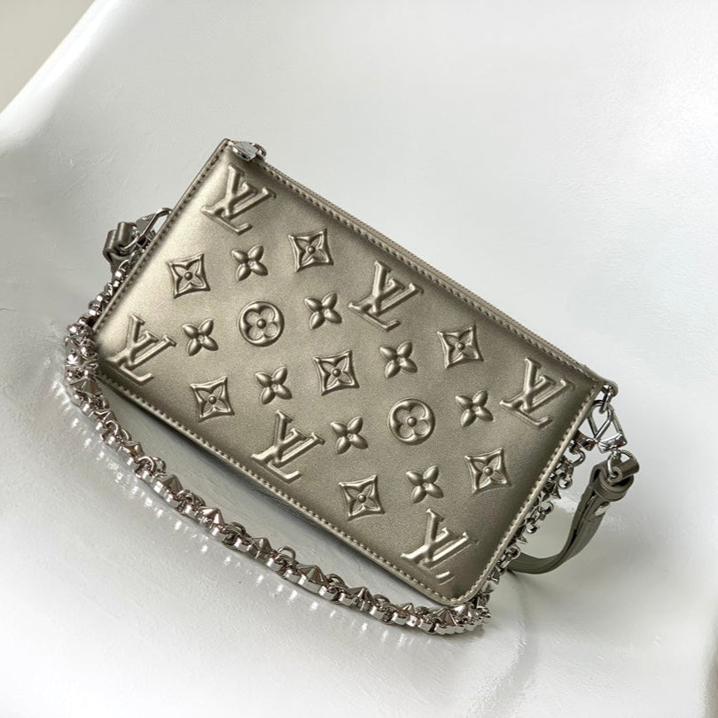 LOUIS VUITTON LV 25S LEXINGTON PREMIUM ORIGINAL HANDBAG 21 IN BEIGE GRAY MOONOGRAM CALFSKIN SHIMMERING METALLIC GOLD