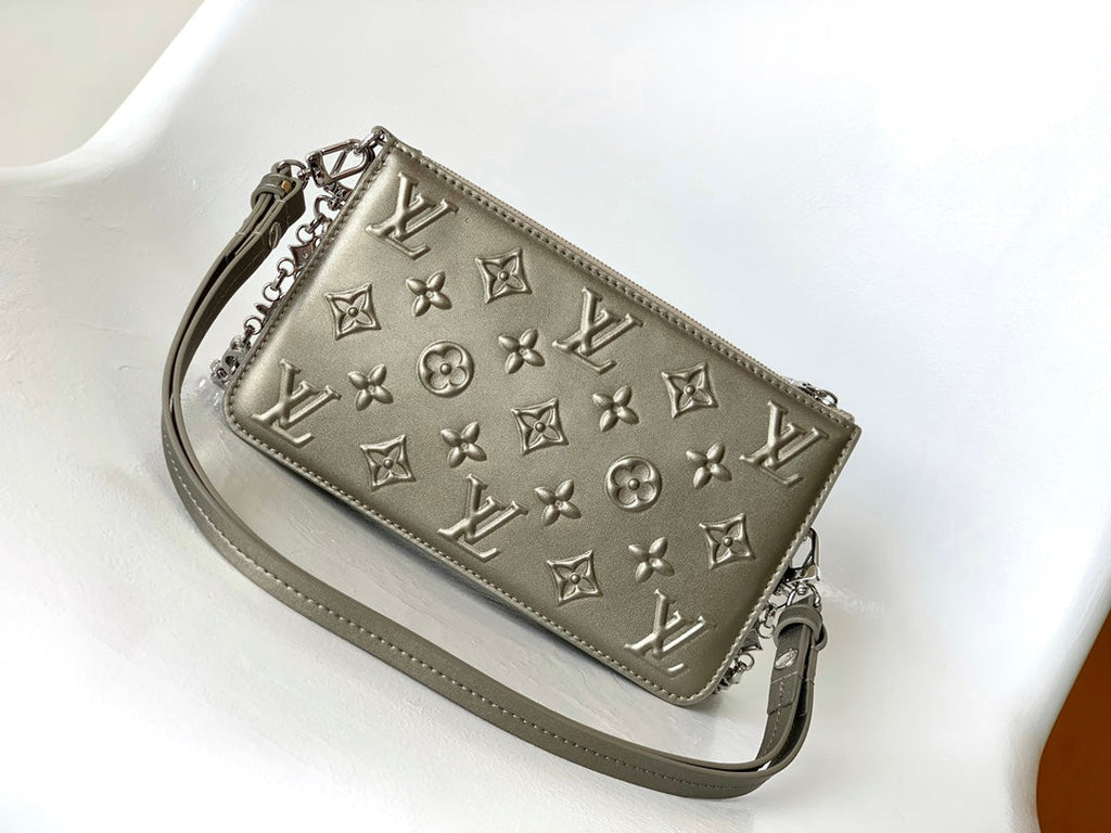 LOUIS VUITTON LV 25S LEXINGTON PREMIUM ORIGINAL HANDBAG 21 IN BEIGE GRAY MOONOGRAM CALFSKIN SHIMMERING METALLIC GOLD