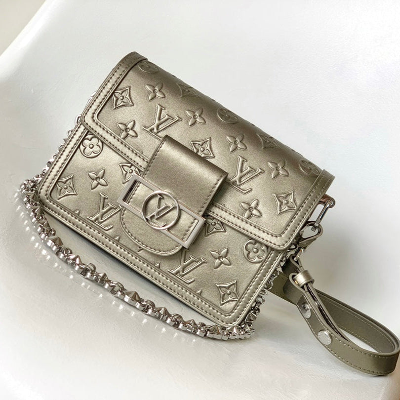 LOUIS VUITTON LV 25S MINI DAUPHINE BAG 20 IN BEIGE GRAY MOONOGRAM CALFSKIN SHIMMERING METALLIC GOLD