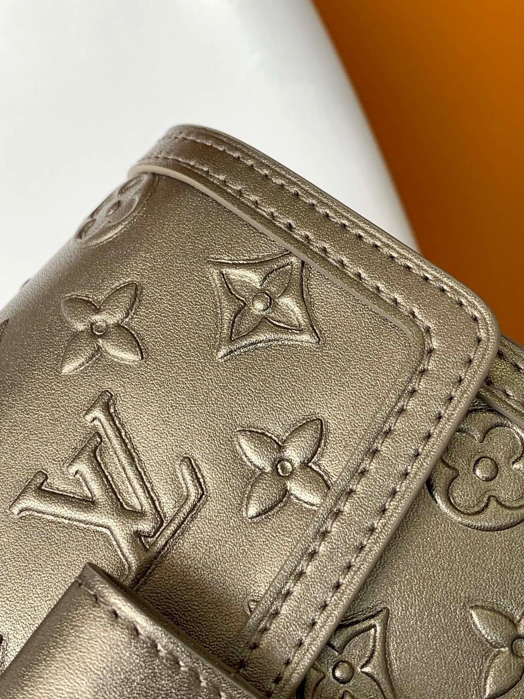 LOUIS VUITTON LV 25S MINI DAUPHINE BAG 20 IN BEIGE GRAY MOONOGRAM CALFSKIN SHIMMERING METALLIC GOLD