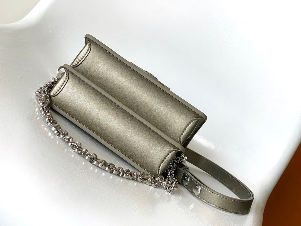 LOUIS VUITTON LV 25S MINI DAUPHINE BAG 20 IN BEIGE GRAY MOONOGRAM CALFSKIN SHIMMERING METALLIC GOLD