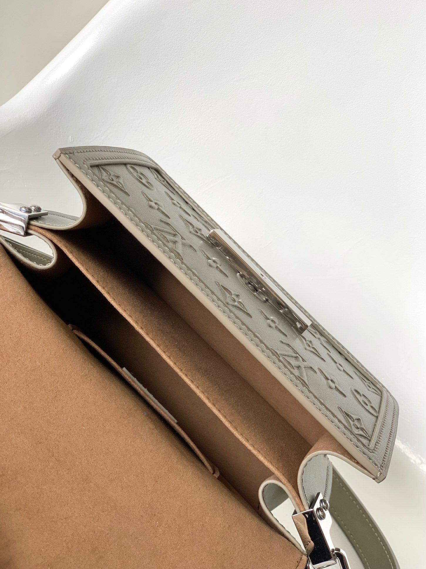 LOUIS VUITTON LV 25S MINI DAUPHINE BAG 20 IN BEIGE GRAY MOONOGRAM CALFSKIN SHIMMERING METALLIC GOLD