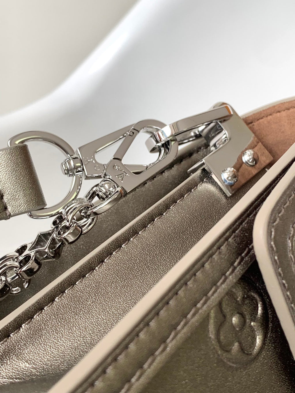 LOUIS VUITTON LV 25S MINI DAUPHINE BAG 20 IN BEIGE GRAY MOONOGRAM CALFSKIN SHIMMERING METALLIC GOLD