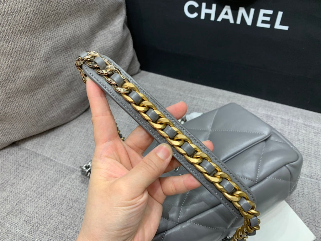 CHANEL 19 FLAP BAG 26 DARK GREY GOATSKIN SILVER HARDWARE