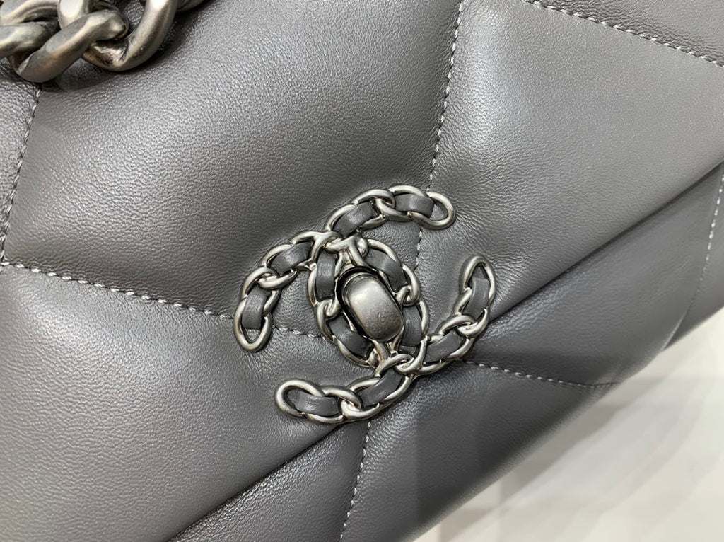 CHANEL 19 FLAP BAG 26 DARK GREY GOATSKIN SILVER HARDWARE