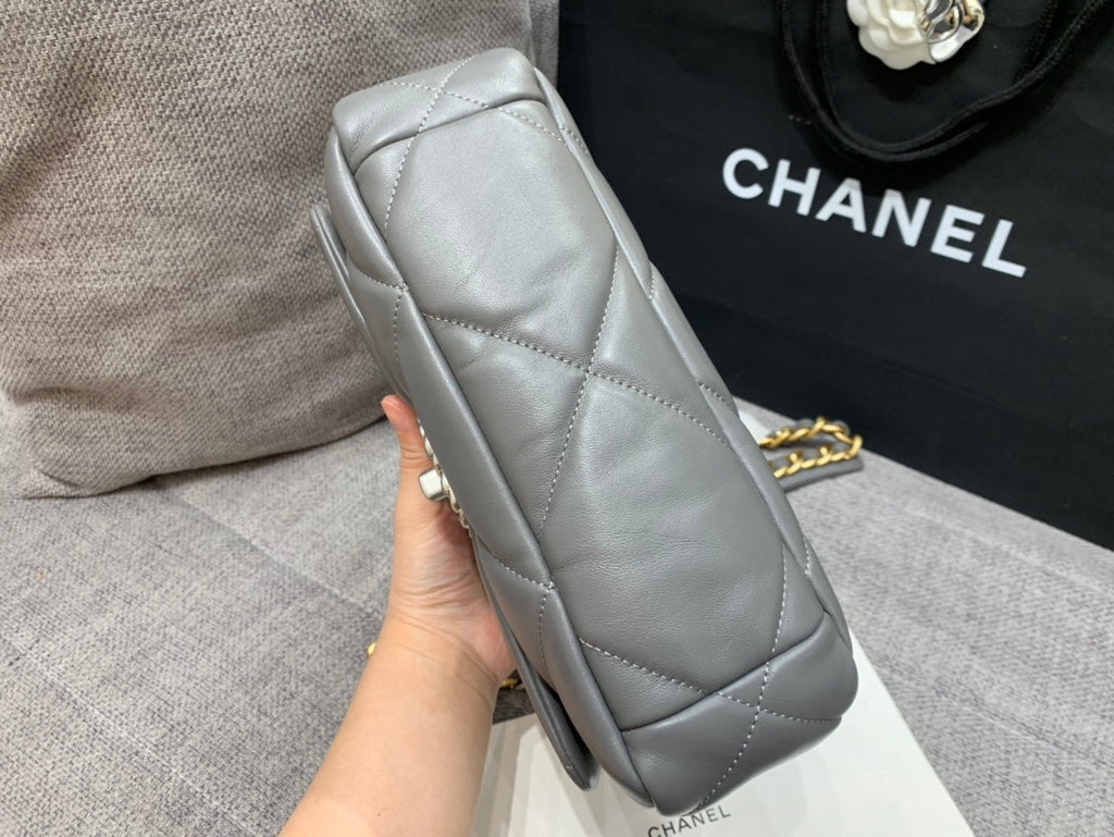 CHANEL 19 FLAP BAG 26 DARK GREY GOATSKIN SILVER HARDWARE