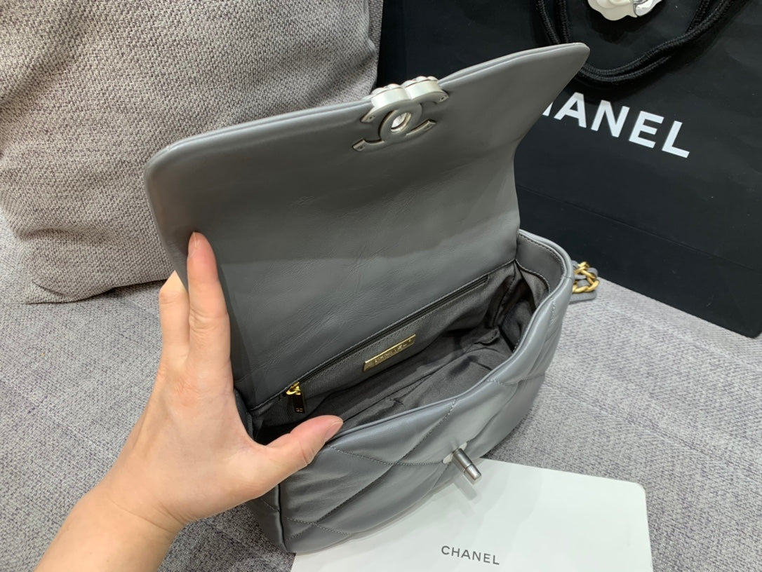 CHANEL 19 FLAP BAG 26 DARK GREY GOATSKIN SILVER HARDWARE