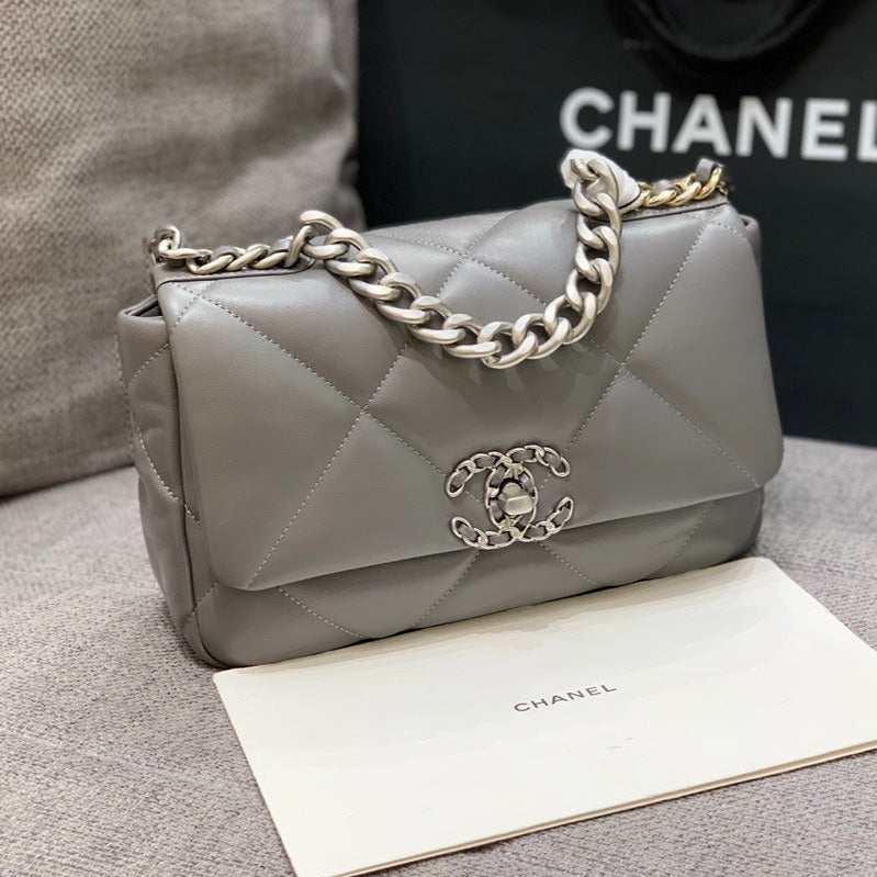CHANEL 19 FLAP BAG 26 DARK GREY GOATSKIN SILVER HARDWARE
