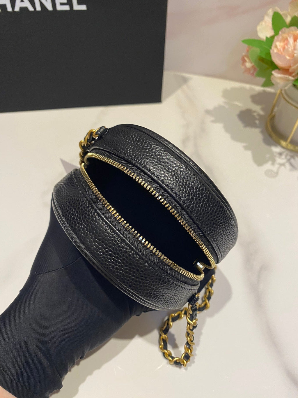 CHANEL MINI 12 ROUND CHAIN BAG IN BLACK CALFSKIN GOLD HARDWARE