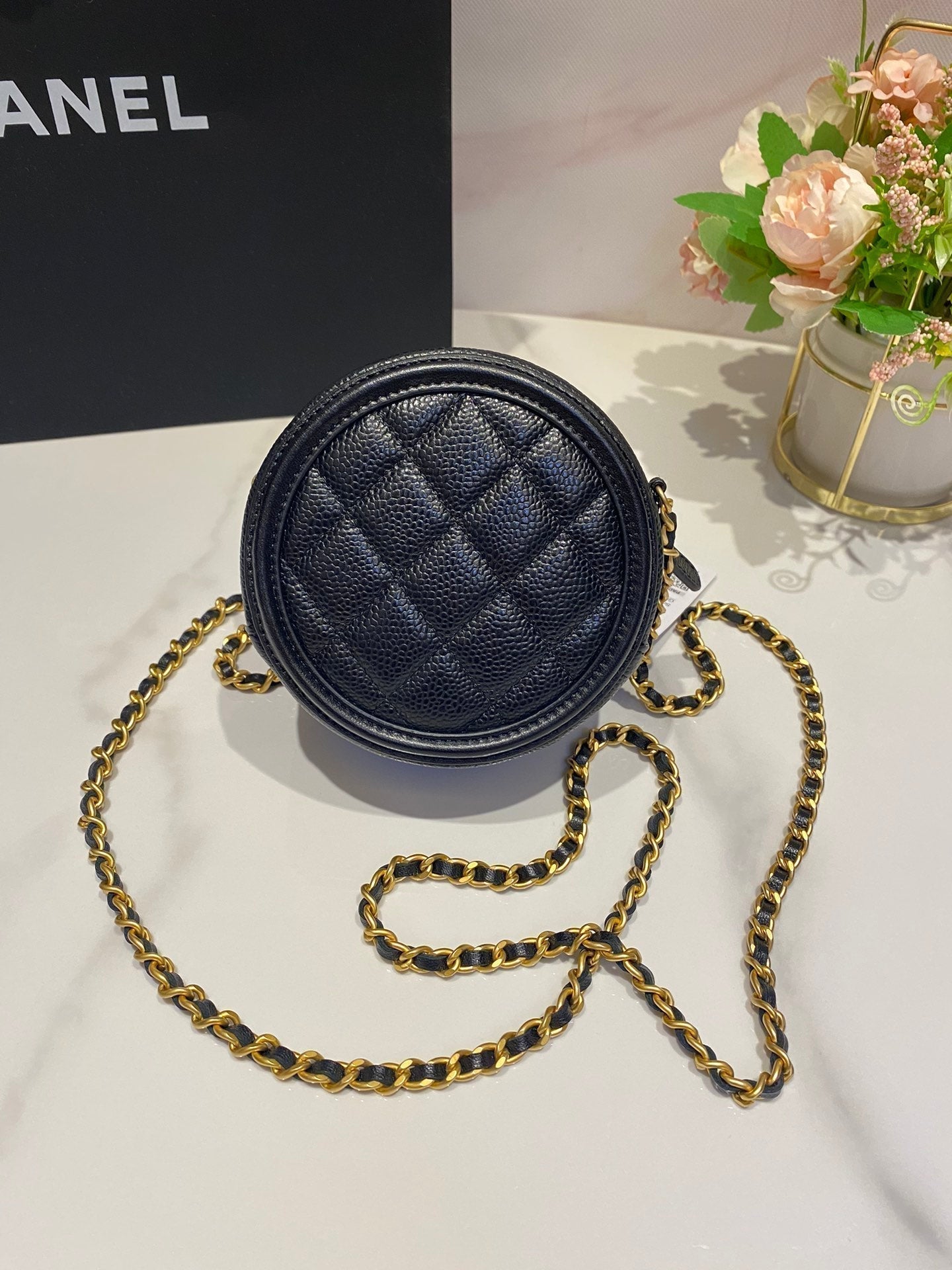 CHANEL MINI 12 ROUND CHAIN BAG IN BLACK CALFSKIN GOLD HARDWARE