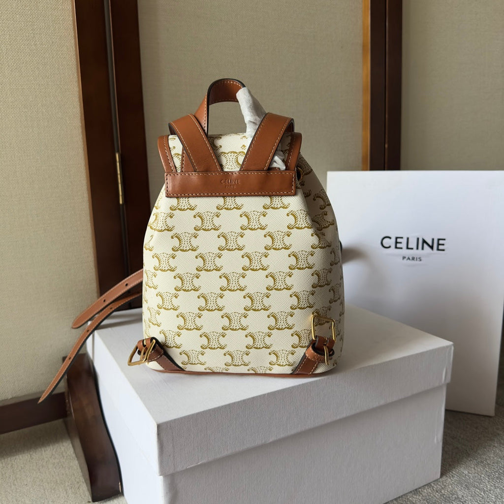 CELINE SMALL FOLCO BACKPACK 20 IN WHITE TRIOMPHE CANVAS