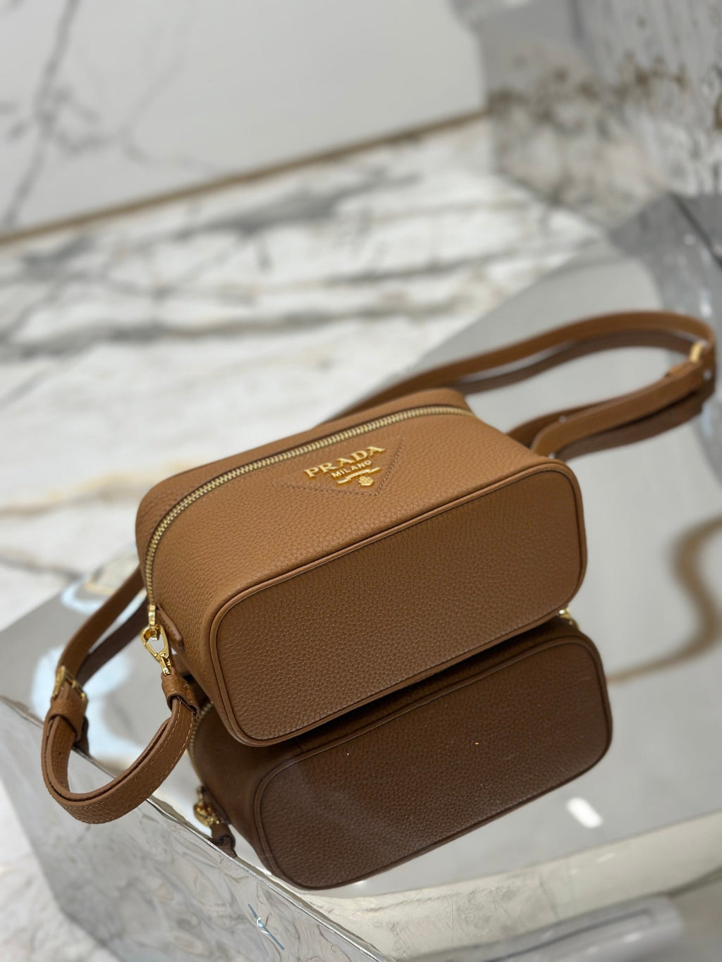 PRADA VANITY CASE 18 IN RUSSET BROWN GRAINED CALFSKIN GOLD HARDWARE