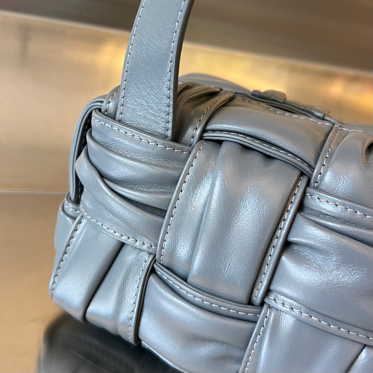 BOTTEGA VENETA SMALL BRICK CASSETTE 23 IN ZINC GRAY SOFT LAMBSKIN