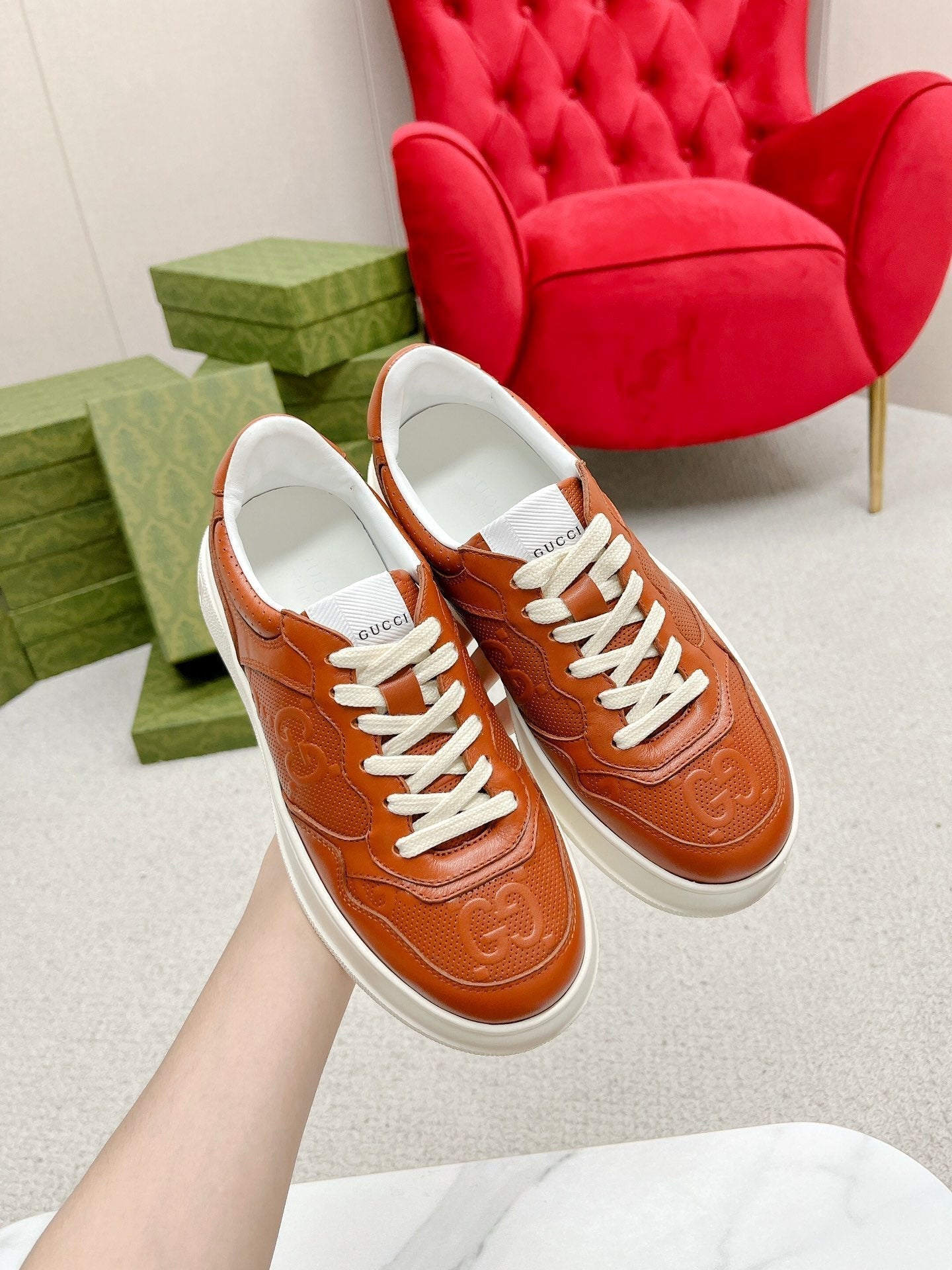 GUCCI EMBOSSED TRAINER CARAMEL CALFSKIN