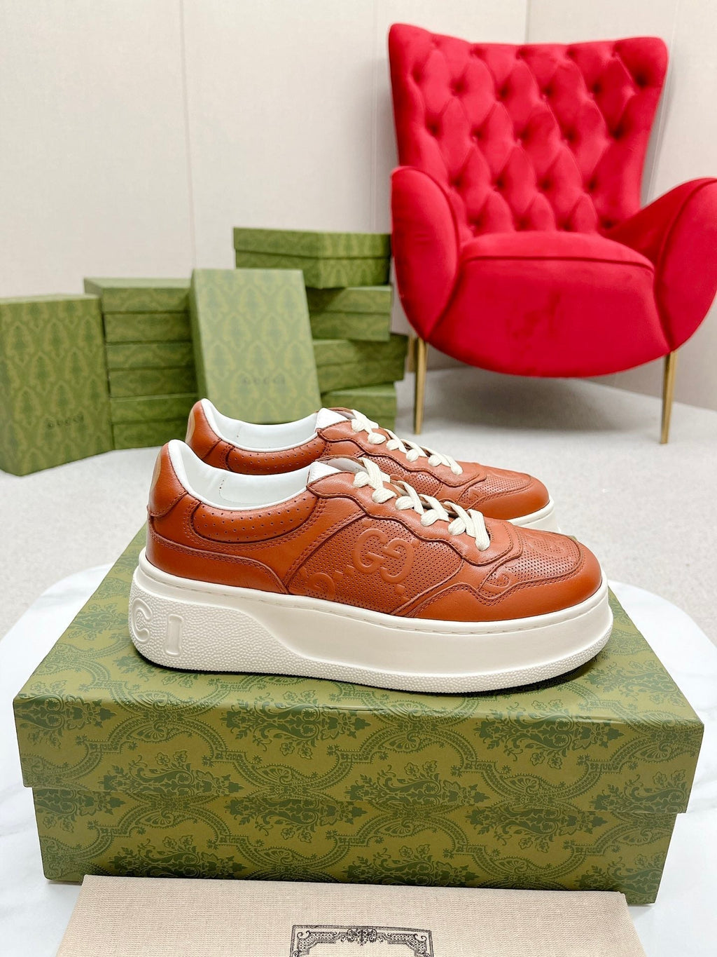 GUCCI EMBOSSED TRAINER CARAMEL CALFSKIN