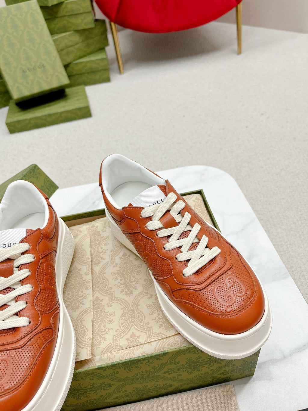 GUCCI EMBOSSED TRAINER CARAMEL CALFSKIN