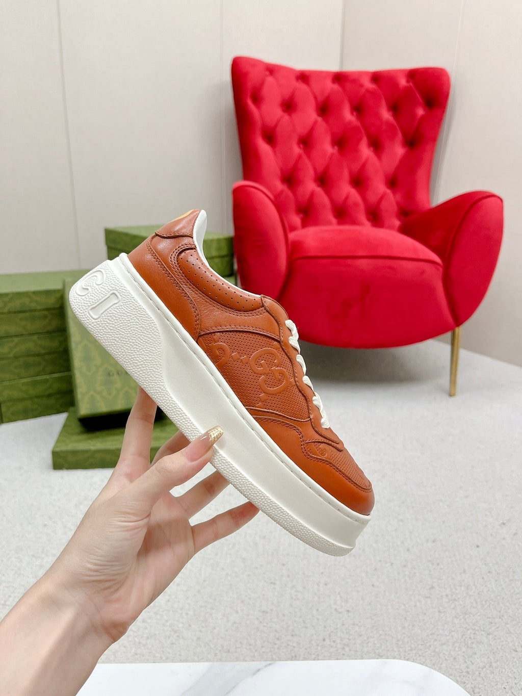 GUCCI EMBOSSED TRAINER CARAMEL CALFSKIN