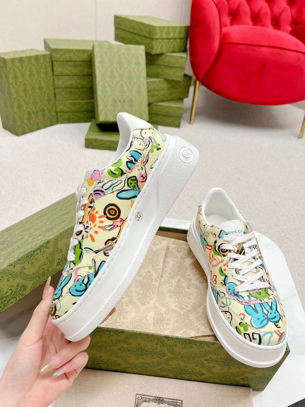 GUCCI TRAINER SAGE CALFSKIN WITH RABBIT PATTERN