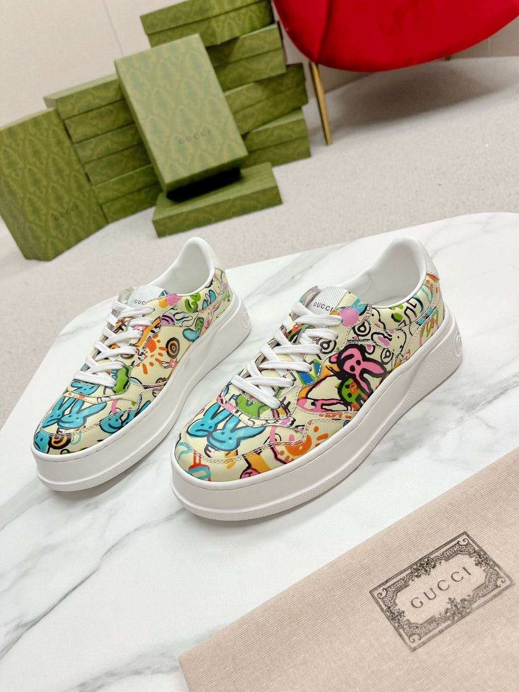 GUCCI TRAINER SAGE CALFSKIN WITH RABBIT PATTERN