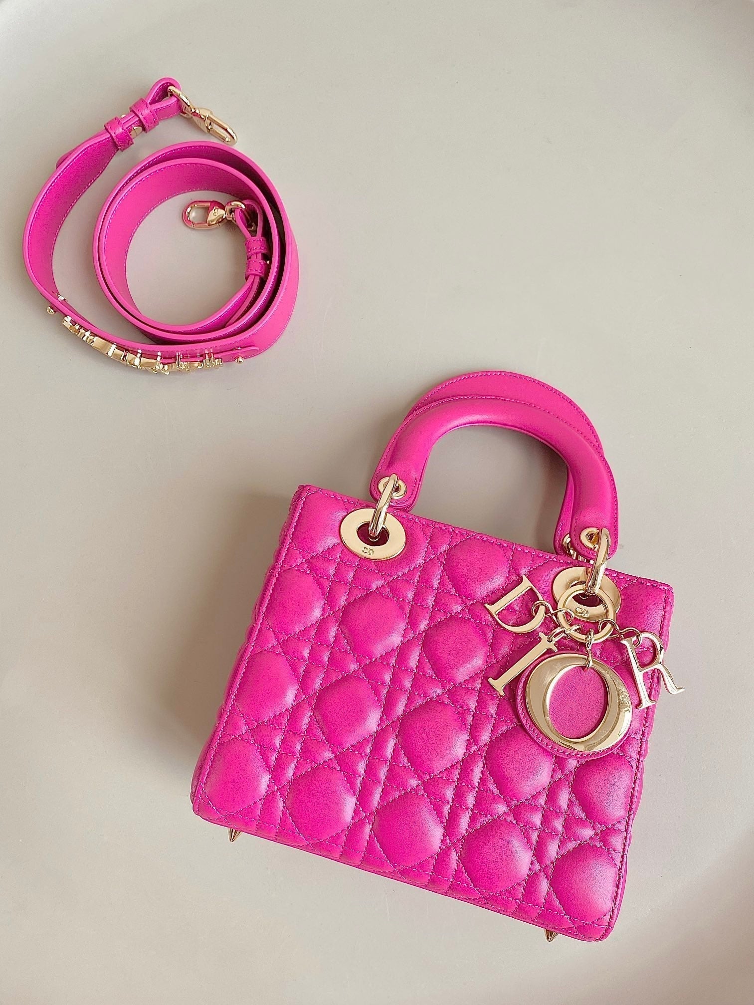 DIOR MEDIUM LADY 20 HANDBAG IN HOT PINK LAMBSKIN