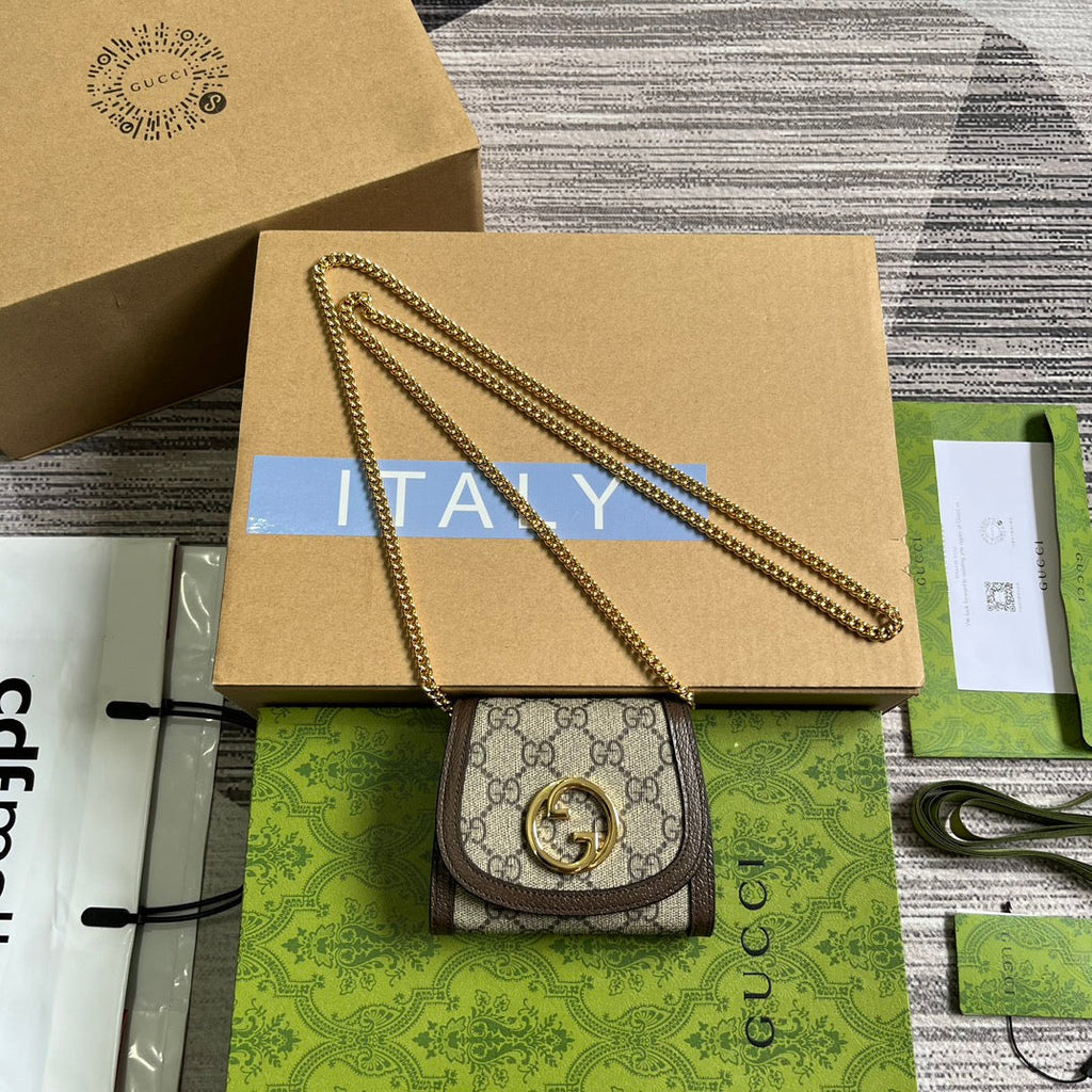 GUCCI BLONDIE INTERLOCK MINI SHOULDER BAG 12 IN BEIGE CANVAS AND DARK BROWN CALFSKIN TRIM