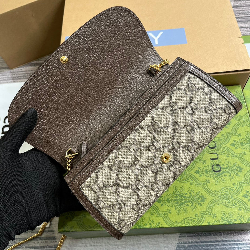 GUCCI BLONDIE SHOULDER BAG 21 IN BEIGE MONOGRAM CANVAS AND DARK BROWN CALFSKIN TRIM GOLD HARDWARE