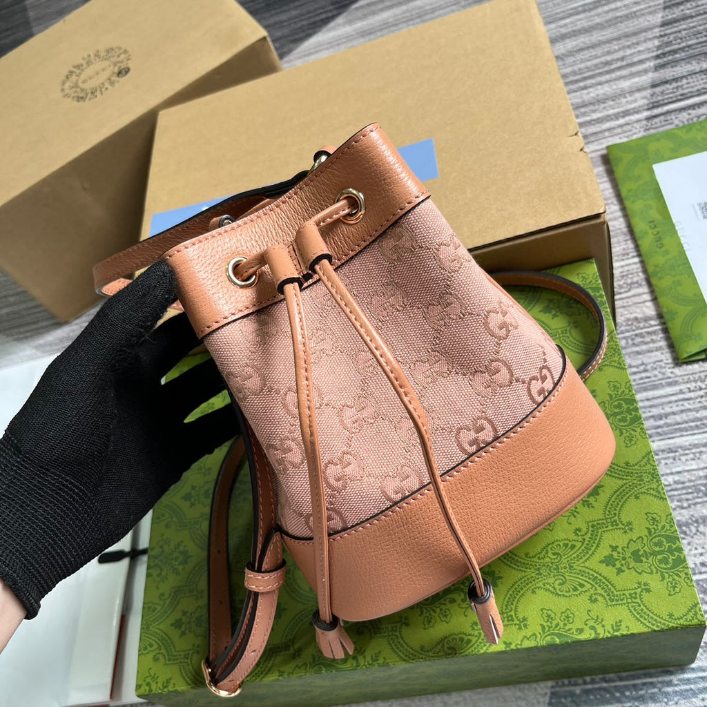 GUCCI OPHIDIA MINI 19 BUCKET LIGHT PINK CANVAS AND CALFSKIN