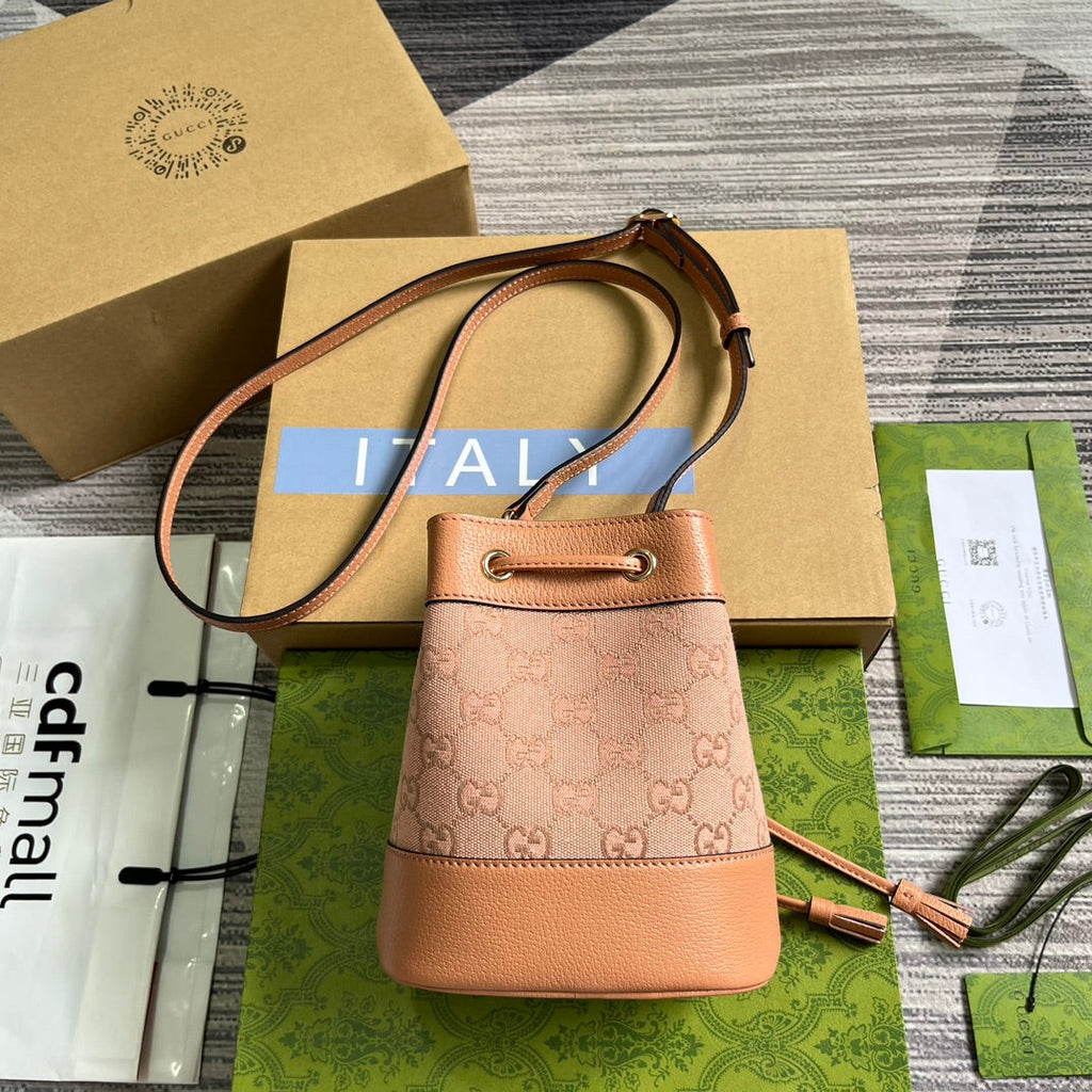 GUCCI OPHIDIA MINI 19 BUCKET LIGHT PINK CANVAS AND CALFSKIN