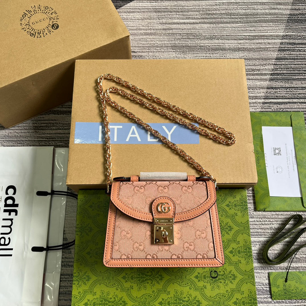 GUCCI OPHIDIA MINI 17 HANDBAG IN LIGHT PINK CANVAS