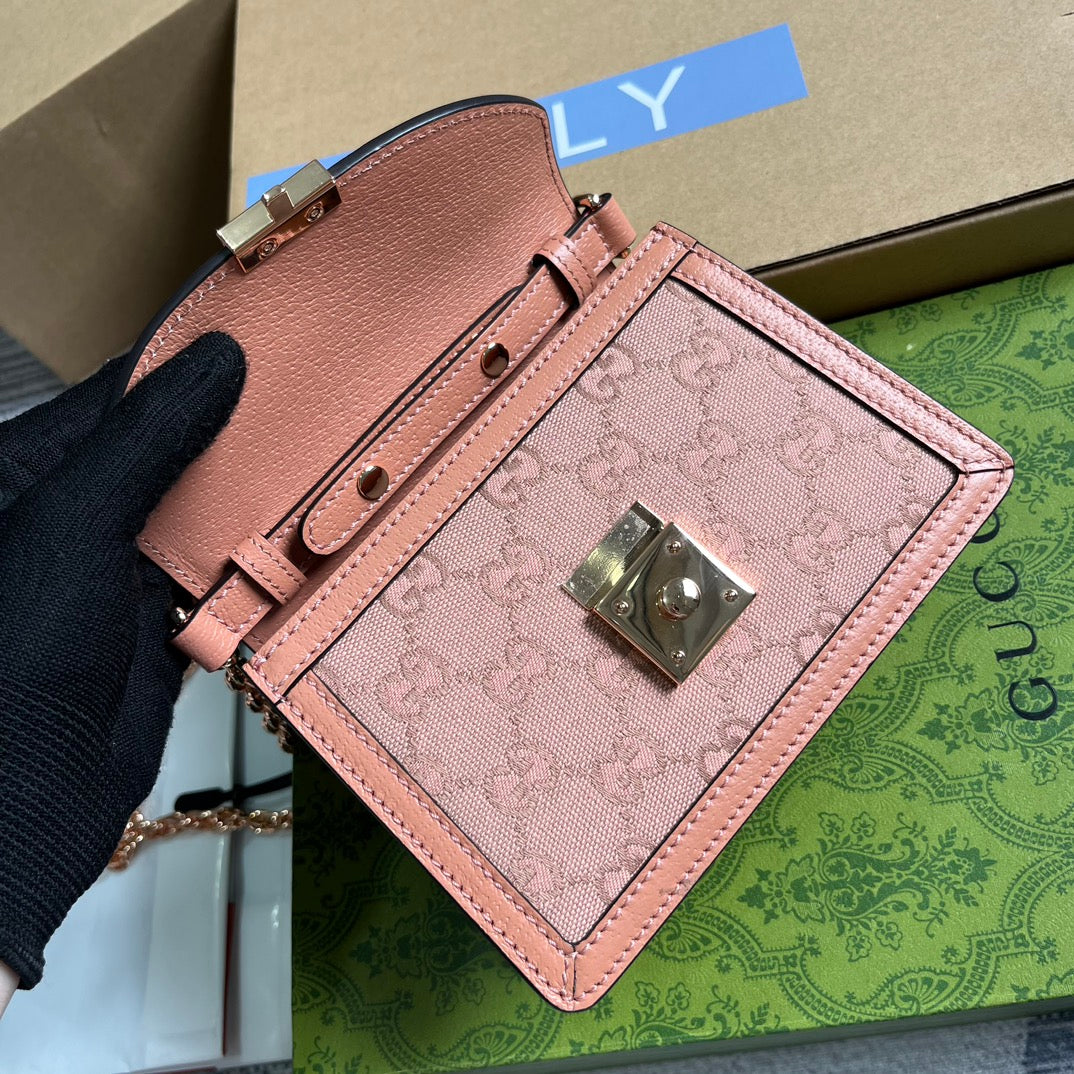 GUCCI OPHIDIA MINI 17 HANDBAG IN LIGHT PINK CANVAS