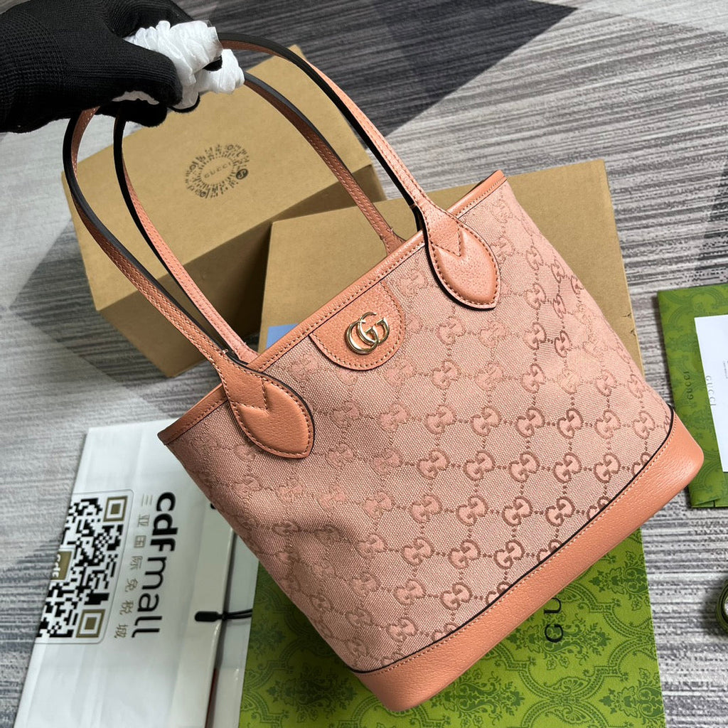 GUCCI OPHIDIA SMALL 25 TOTE BAG IN LIGHT PINK CANVAS