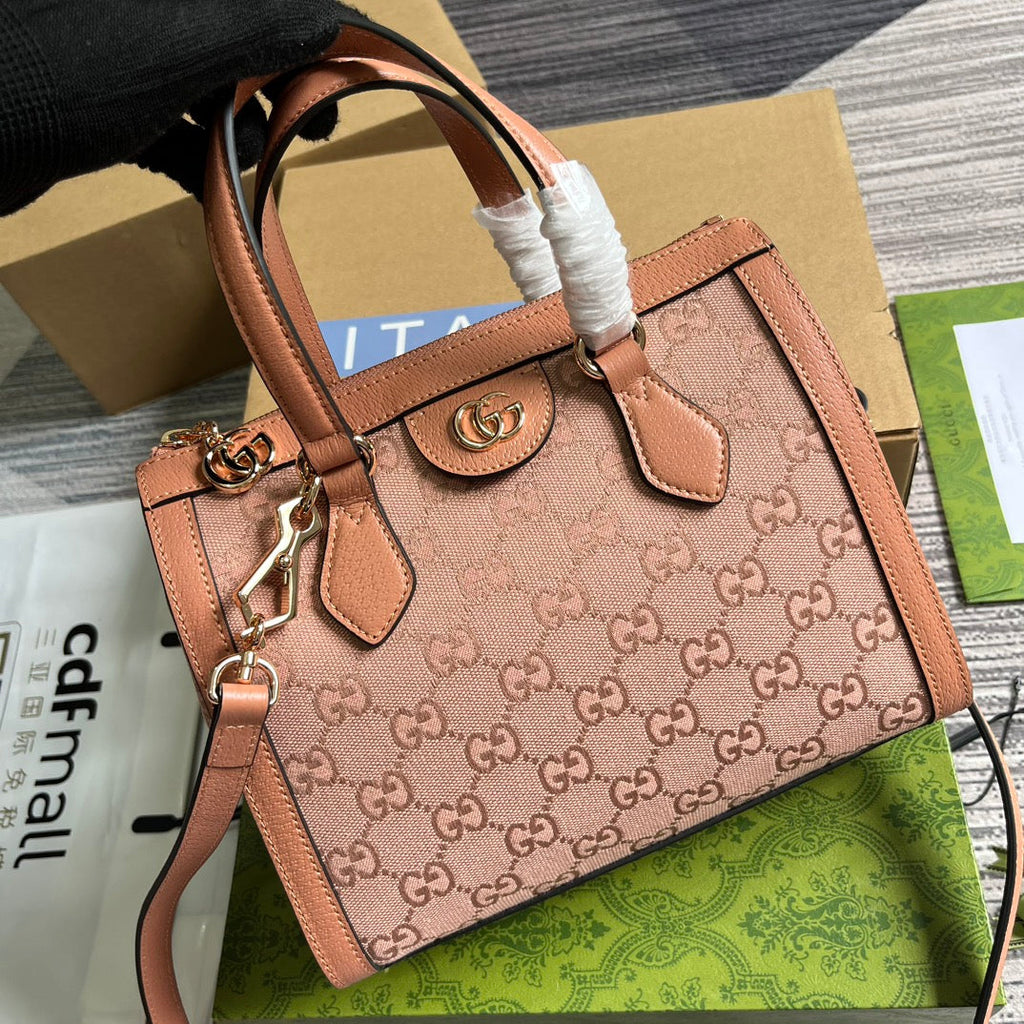GUCCI OPHIDIA SMALL 24 TOTE BAG IN BLUSH PINK CANVAS AND CALFSKIN
