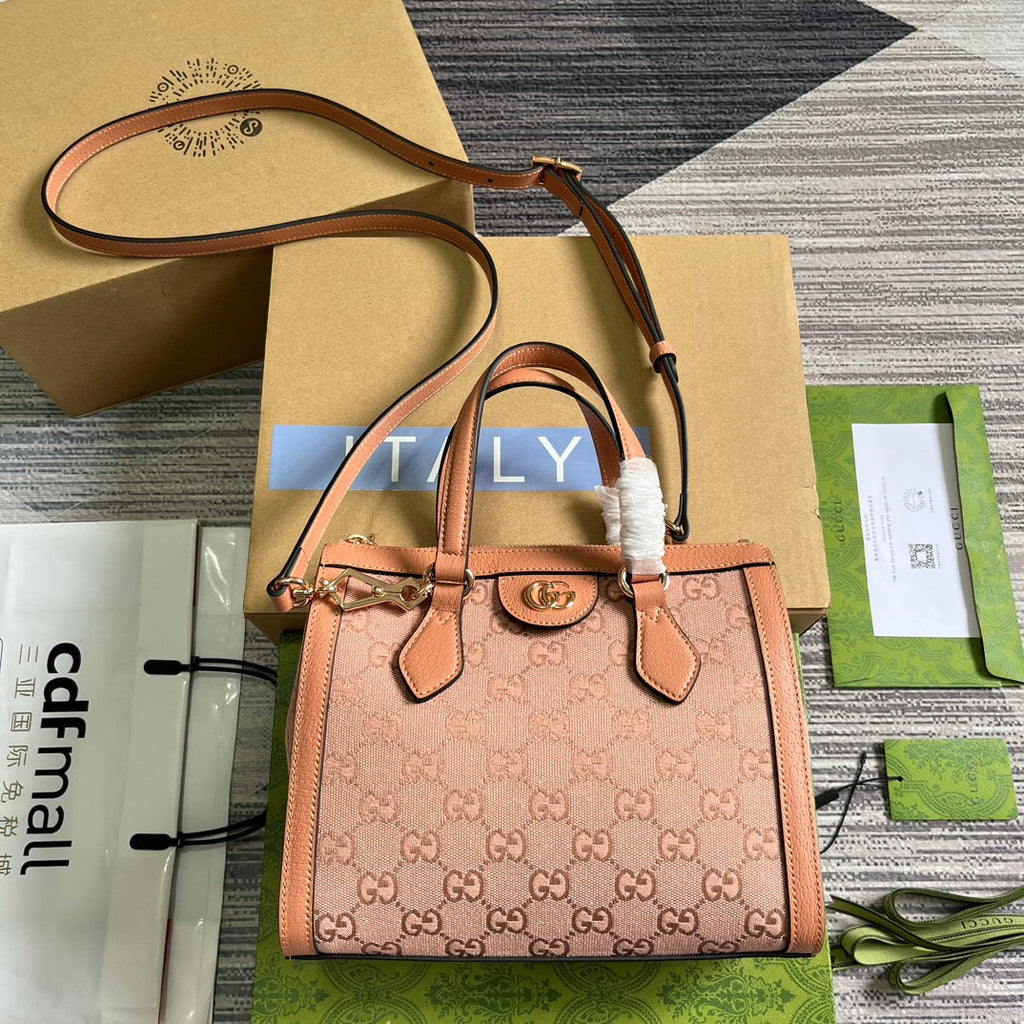 GUCCI OPHIDIA SMALL 24 TOTE BAG IN BLUSH PINK CANVAS AND CALFSKIN