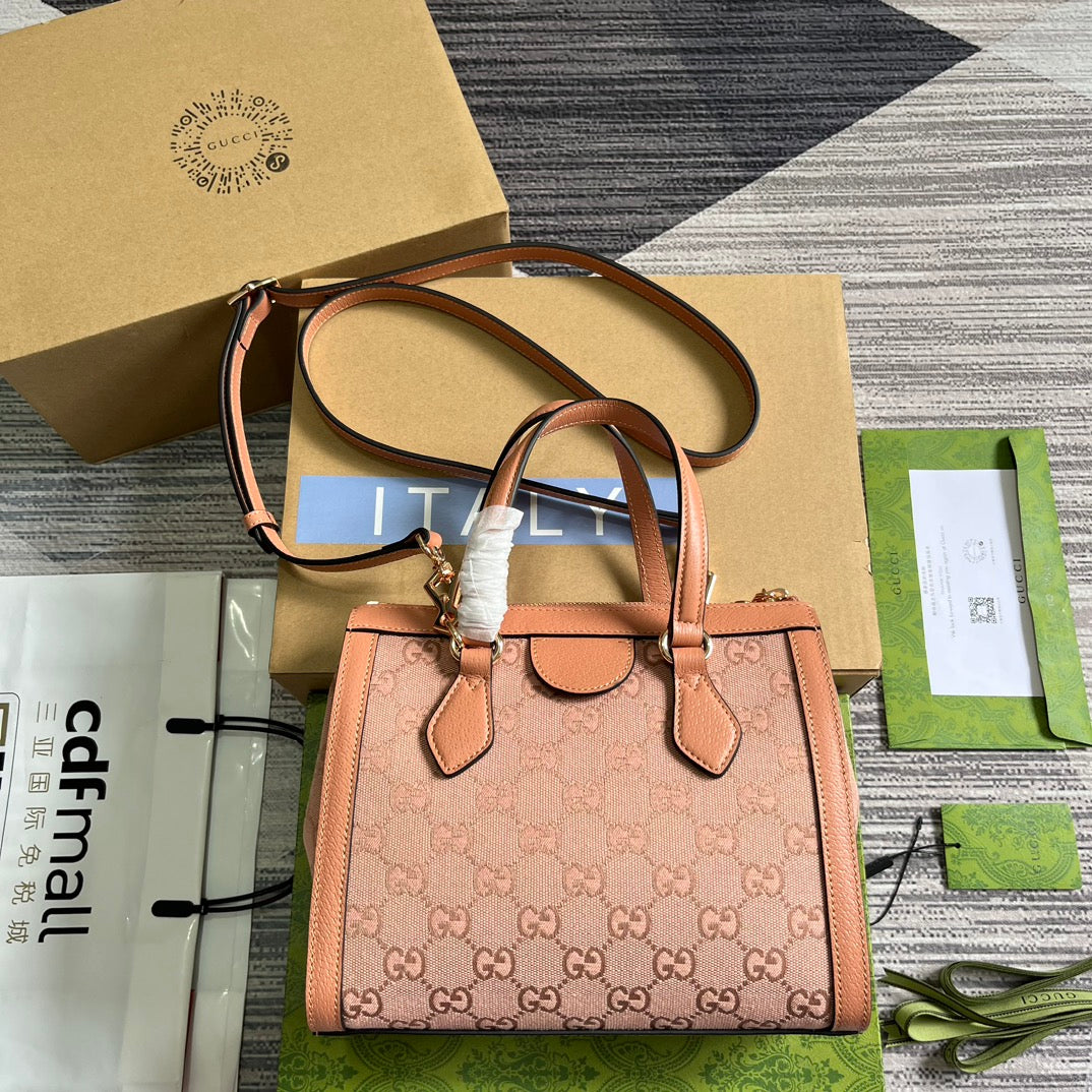 GUCCI OPHIDIA SMALL 24 TOTE BAG IN BLUSH PINK CANVAS AND CALFSKIN