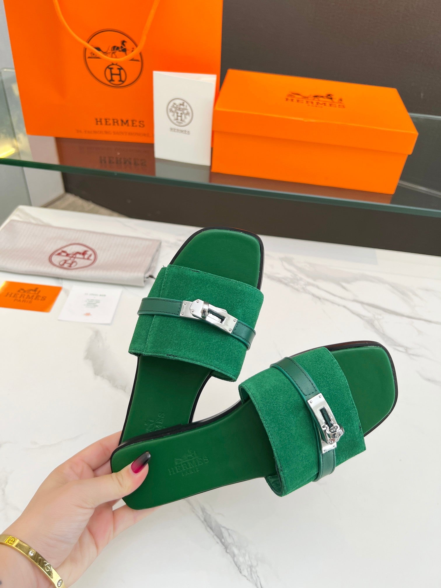 HERMES Giulia Sandal Green Suede Green Calfskin